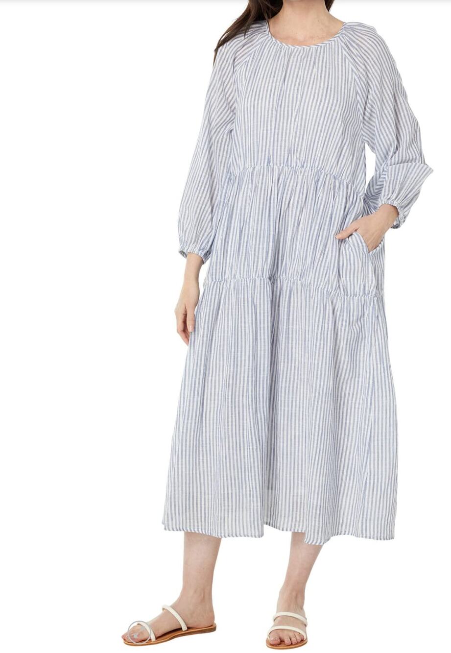 SUNDRY Womens Stripe Cotton Tiered Maxi Summer Dress Pockets White Navy Sz Small